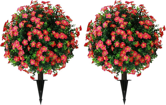Sunnyglade Set of 2 Artificial Boxwood Topiary Ball Trees with Red Flower, Faux Shrub Bushes with Ground Spike 25.5", UV Resistant Fake Boxwood Plants for Indoor, Garden, Porch, Patio Decor (Red)