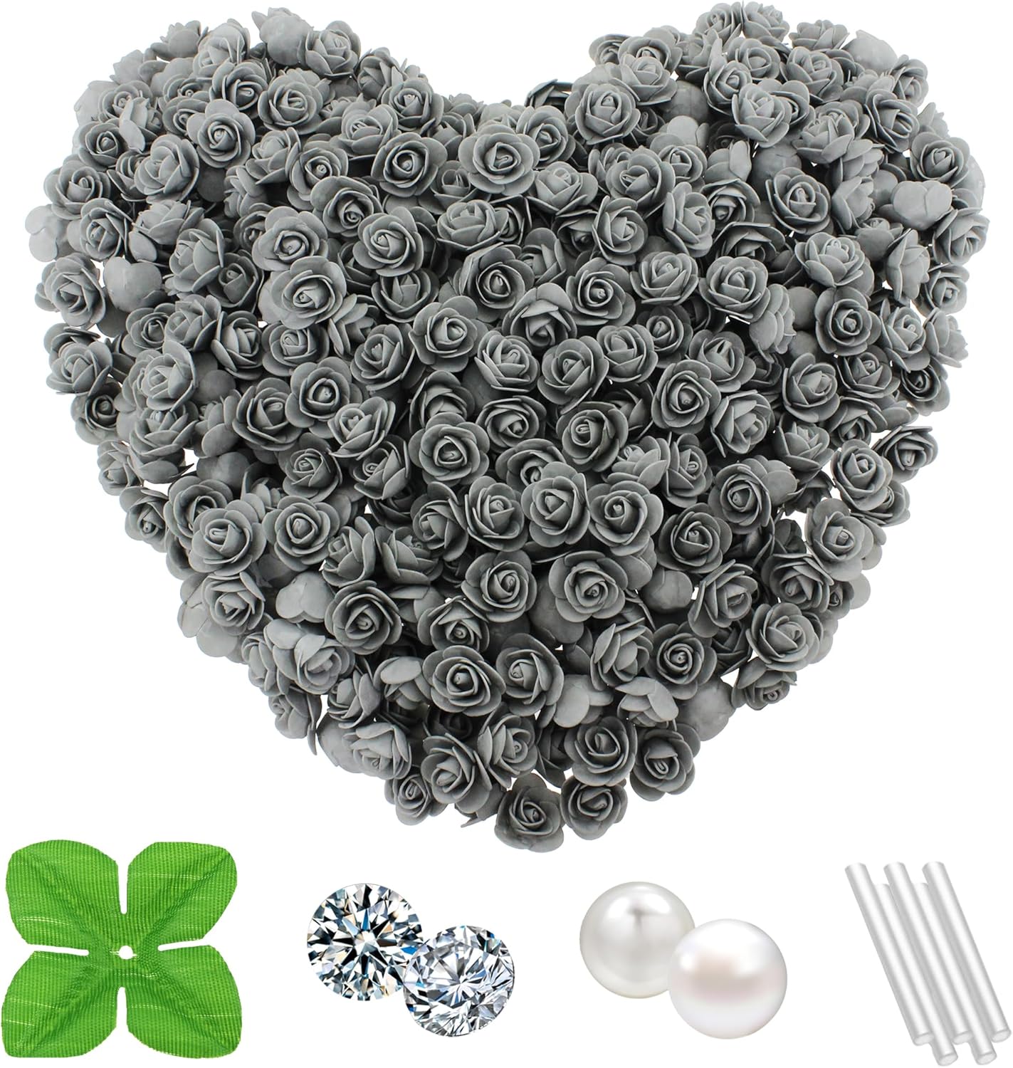 500 Pcs 1.4 Inch Mini Artificial Flowers Head Bulk 5 in 1 Set Faux Foam Fake Small Rose Tiny Baby Flores Bouquet Cake Gift Home Decoration DIY Craft (Gray)