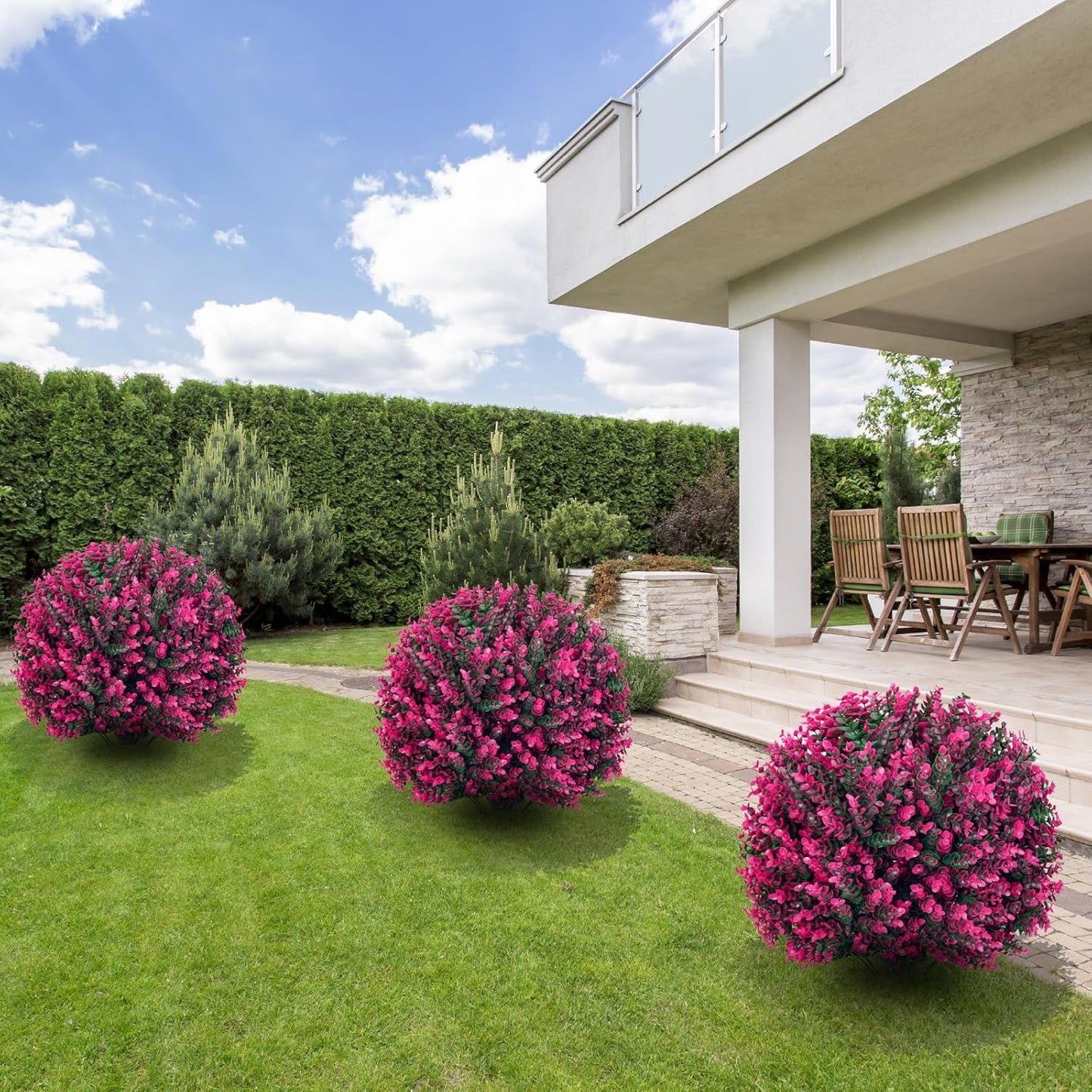 Artificial Topiary Tree with Pink Eucalyptus, Set of 2-17in UV Resistant Fake Evergreen Tree for Porch, Outdoor Artificial Plants for Planters - Ground Spike Included FZHCZWZX