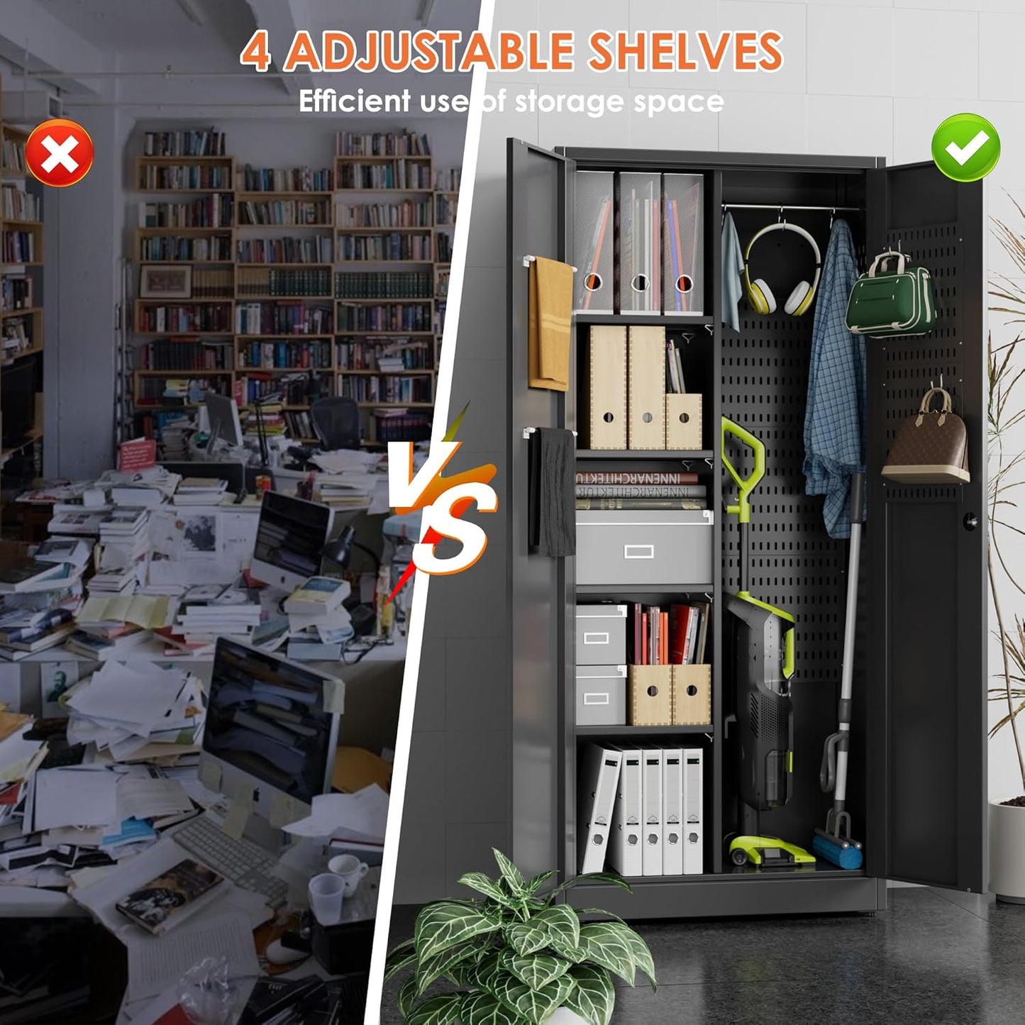 Broom Closet Storage Cabinet with 5 Pegboard, Hanging Rod &13 Hooks, Utility Metal Garage Storage Cabinets with Doors and 4 Shelves for for Garage Home Storage, Black,61.6" Hx27.6 Wx13.8 D