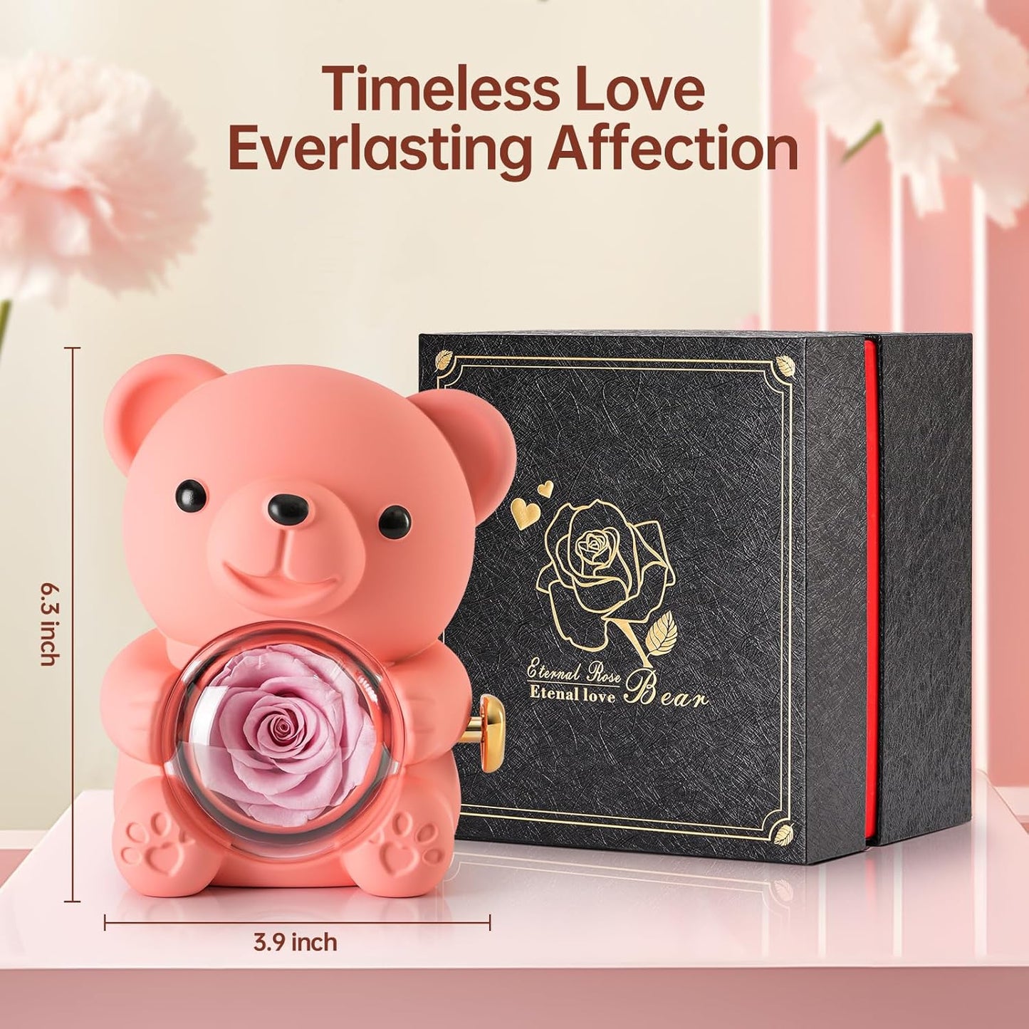 Cute Teddy Bear with Preserved Rose - A Real Rose Flower in Bear with Elegant Gift Box - Romantic Gift for Her in Mother's Day, Weddings, Anniversaries, and Bridal Showers (Pink)