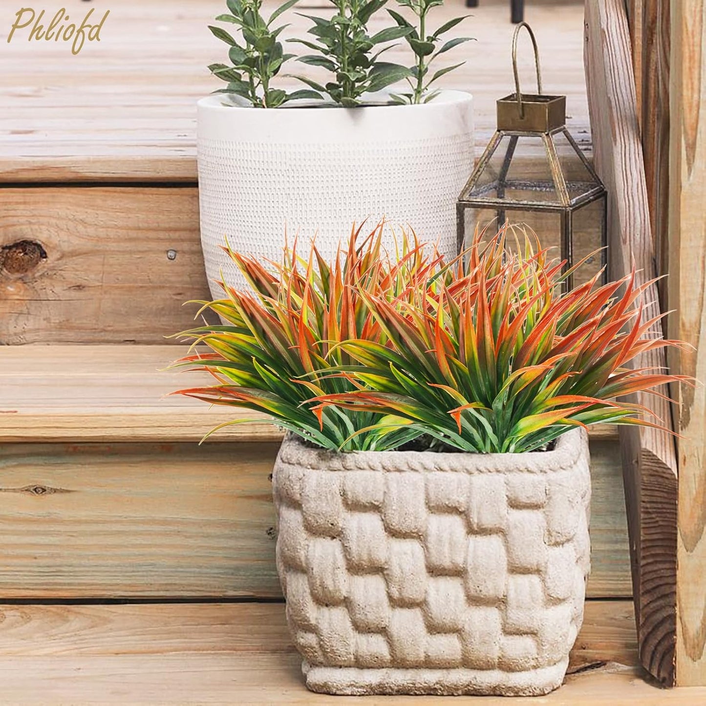 16Pcs Artificial Grass Fake Plants 17.3in Outdoor Plastic Plants UV Resistant Greenery Fake Grass for Home Window Garden Patio Hanging Planter Pathway Front Porch Décor Red