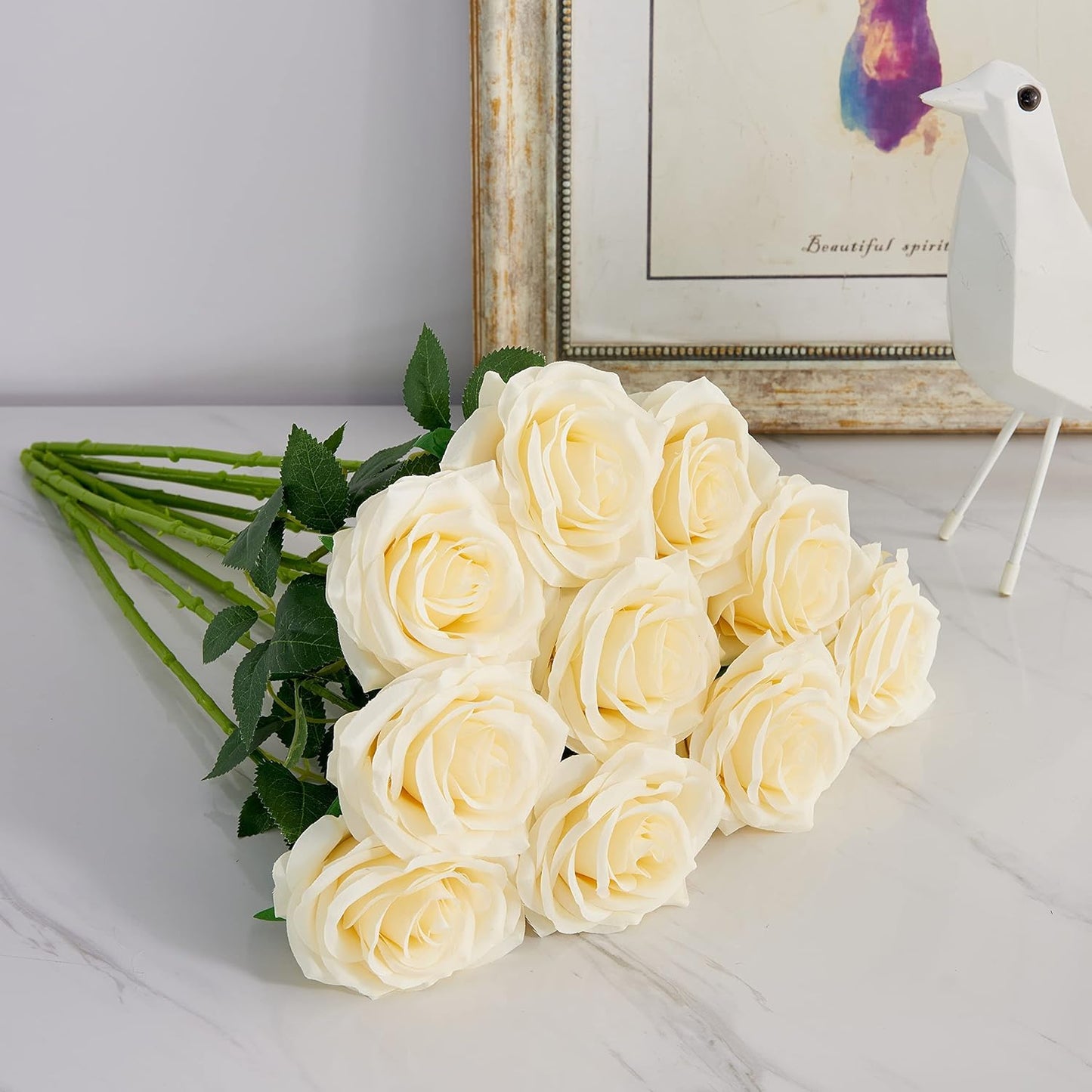 Artificial Rose 10pcs Open Flower Bouquet Faux Rose Stems for Wedding Arrangement, Bridal Bouquet, Centerpiece, Fake Faux Silk Flowers (Ivory)