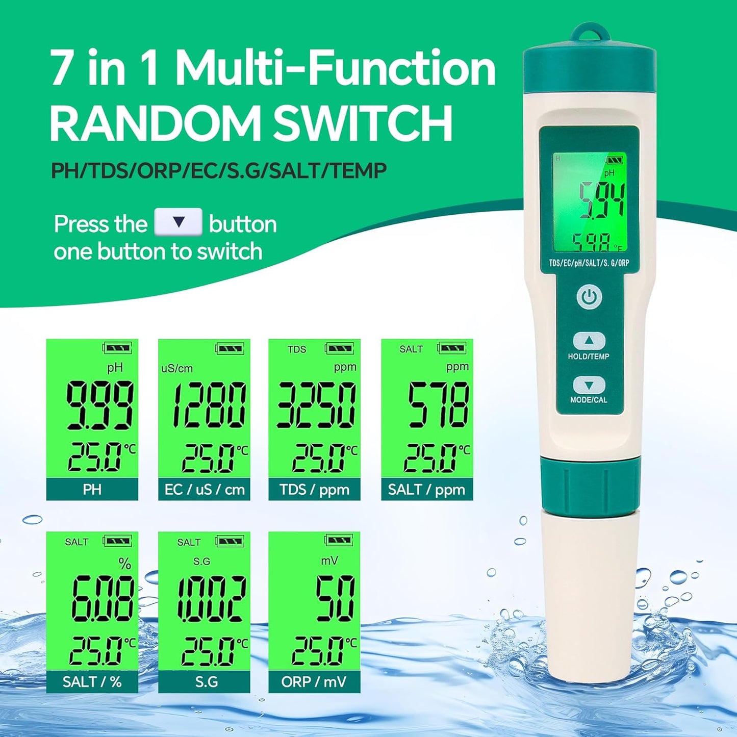 7in1 PH Water Tester, Digital PH Meter for Water Digital Pool Salt Tester,PH SG ORP Salt Temp EC and TDS Meter, Water Quality Tester for Swimming Pool Aquarium Drinking Water Digital Water Testing Kit