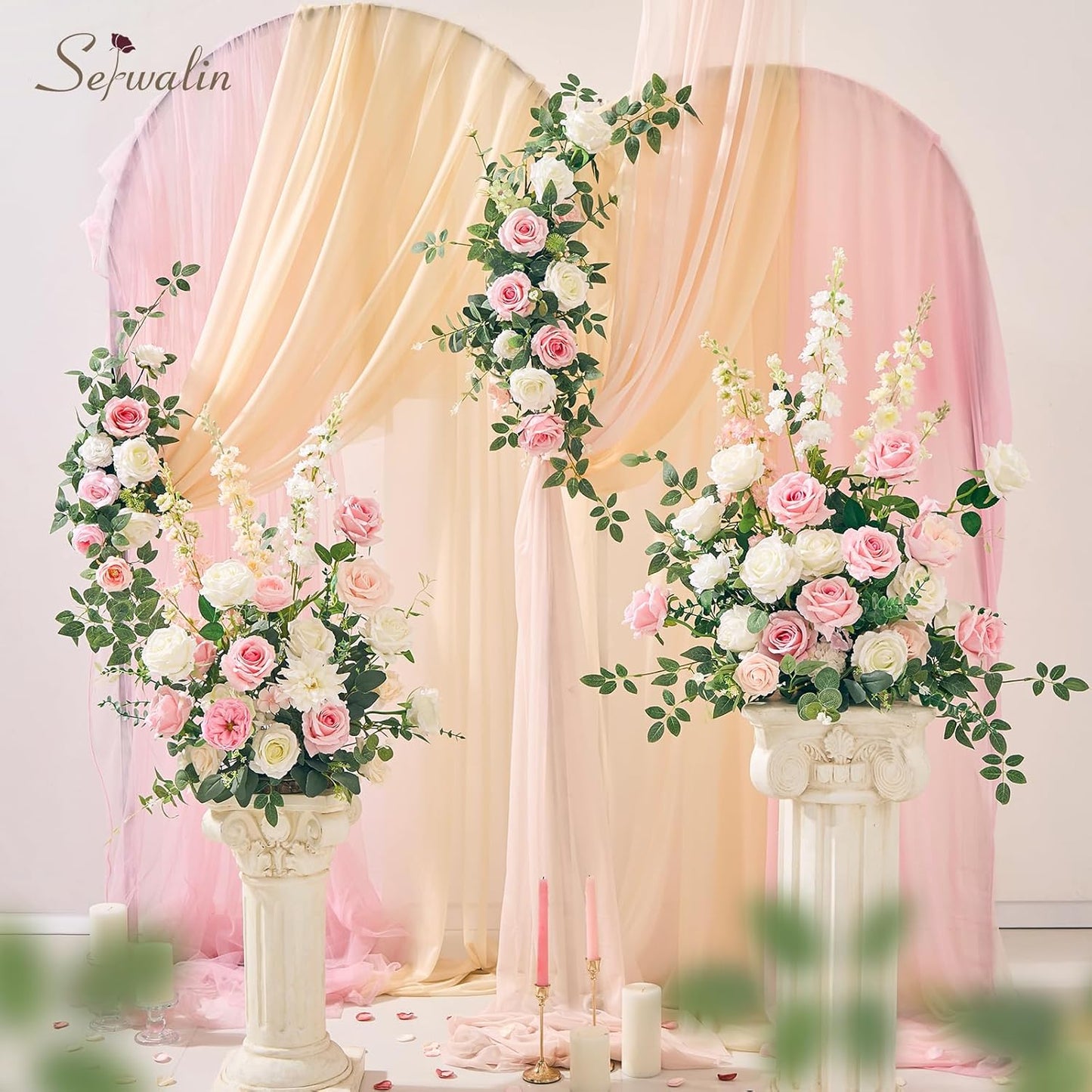 Serwalin 20pcs Artificial Pink & White Roses, 4'' Big Flower Head, Fake Velvet Roses, Silk Roses Long Stems Realistic Bouquet for Wedding Parties Table Centerpiece and Home Decor