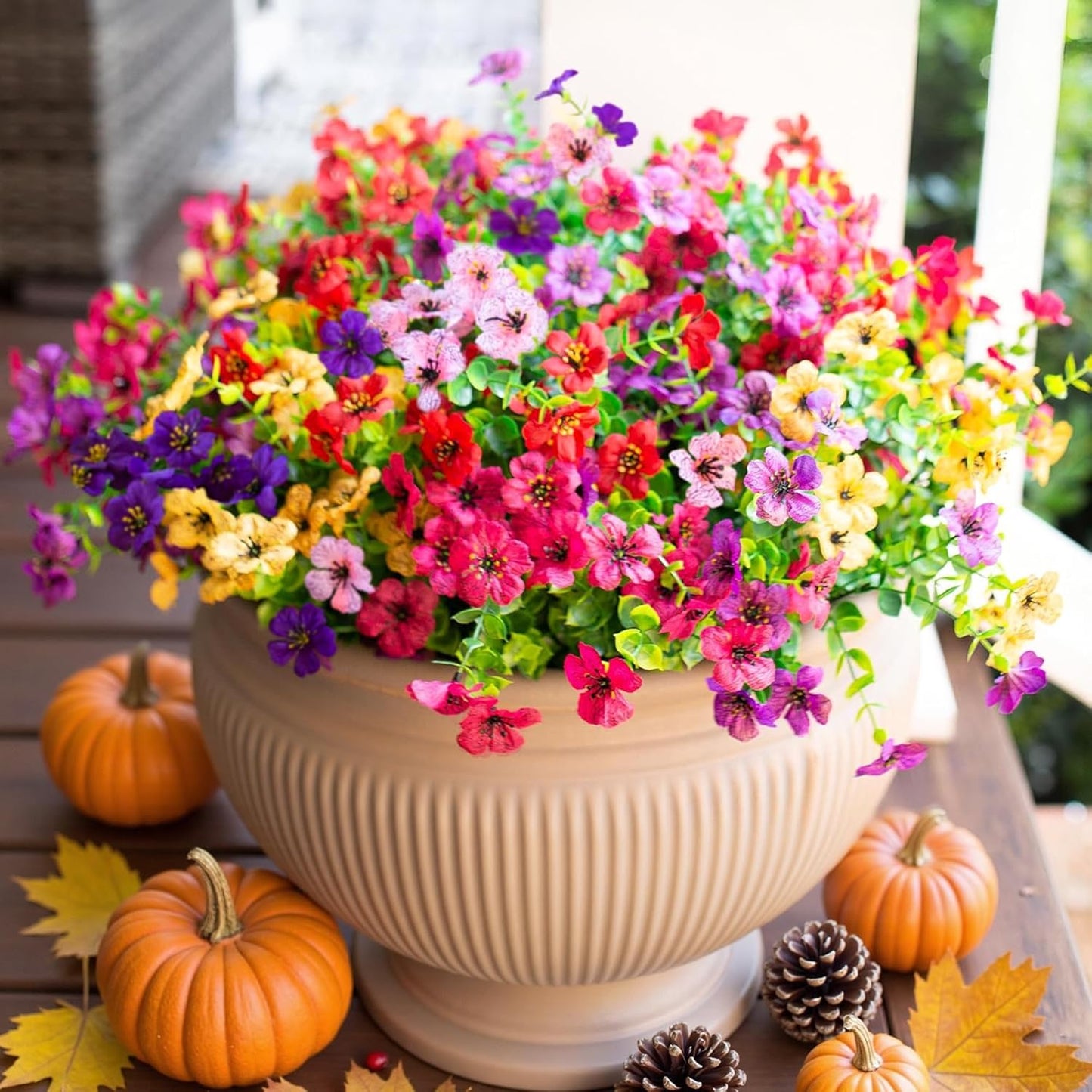 Artificial Flowers for Outdoor Indoor Garden Home Decoration, Faux Flower Daisy with Eucalyptus Leaves Fake Plants Greenery Boxwood Porch Patio, 12 Bundles (6 Multicolor)