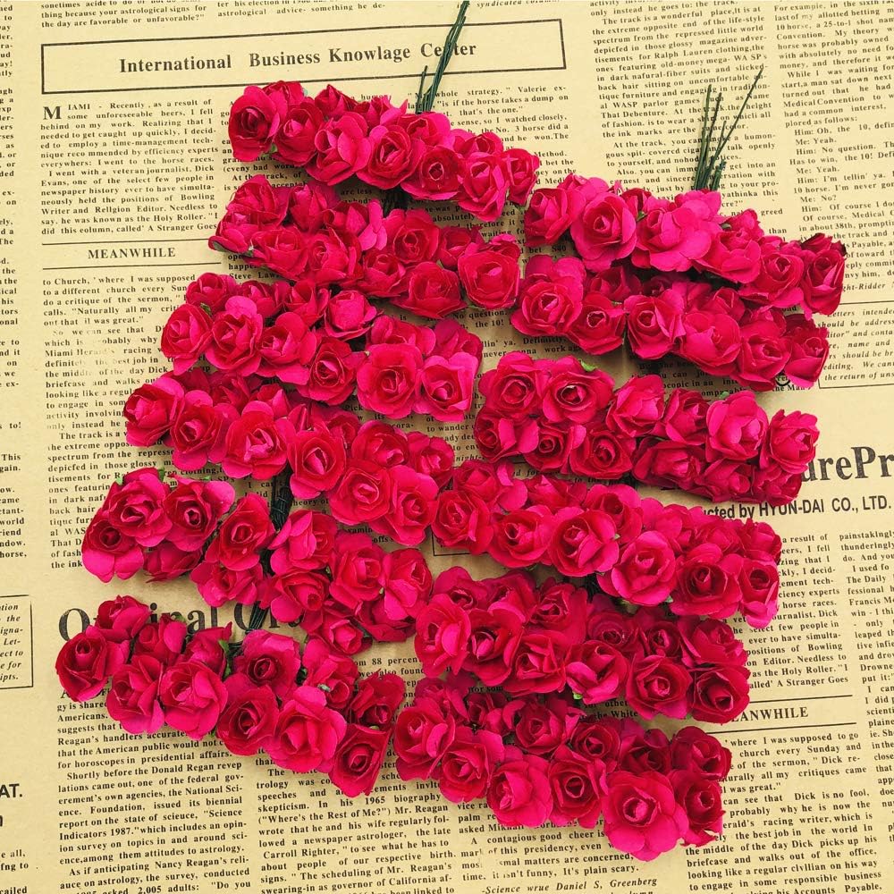 Mini Fake Rose Flower Heads 144pcs Mini Artificial Mulberry Paper Roses Flower with Wire Stem DIY Wedding Flowers Accessories Make Bridal Hair Clips Headbands Dress (Hot Pink)
