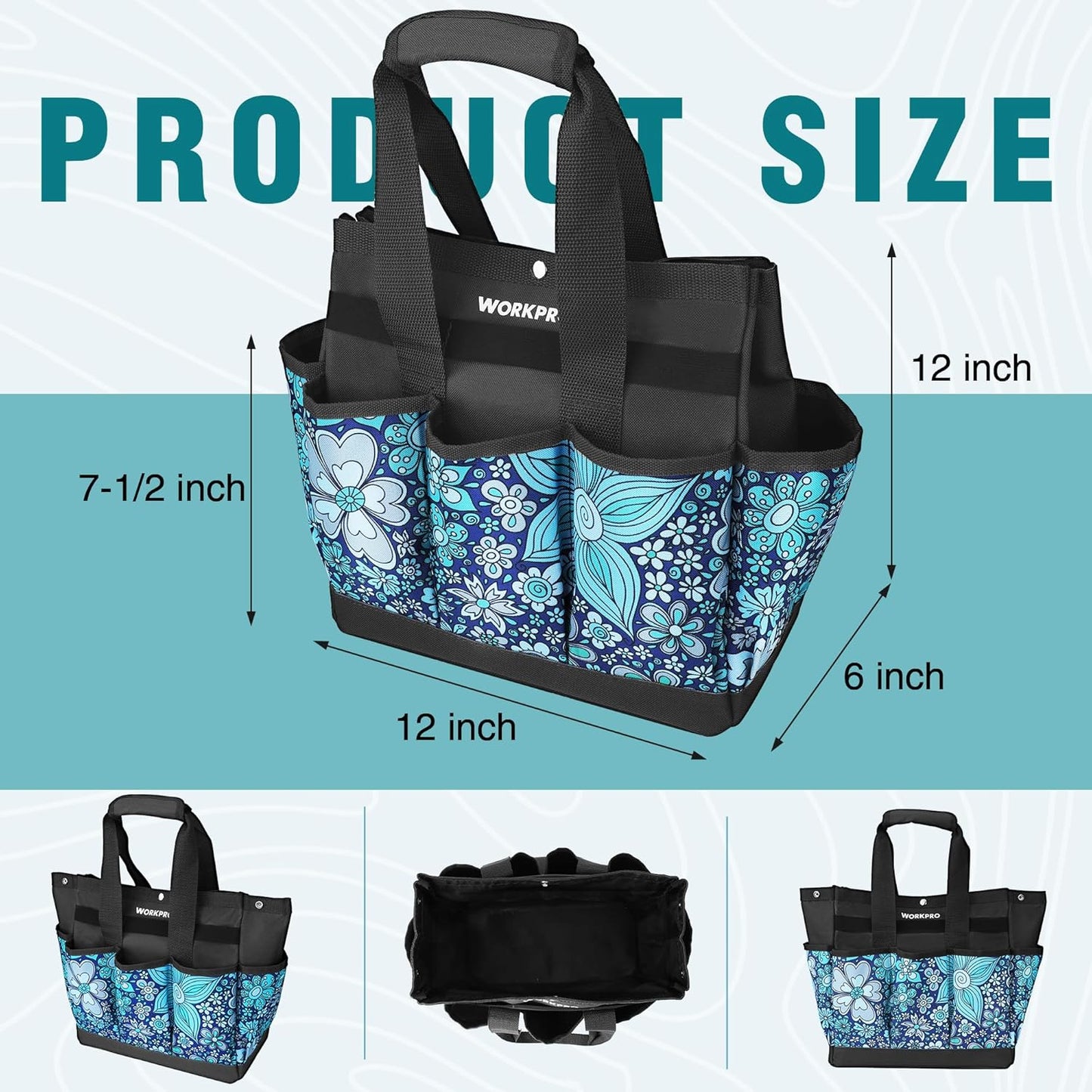 WORKPRO Garden Tool Bag, 9 Pockets Gardening Bag, Heavy Duty Oxford Garden Tote Caddy (Tools NOT Included), 12" x 12" x 6" (Floral Blue)