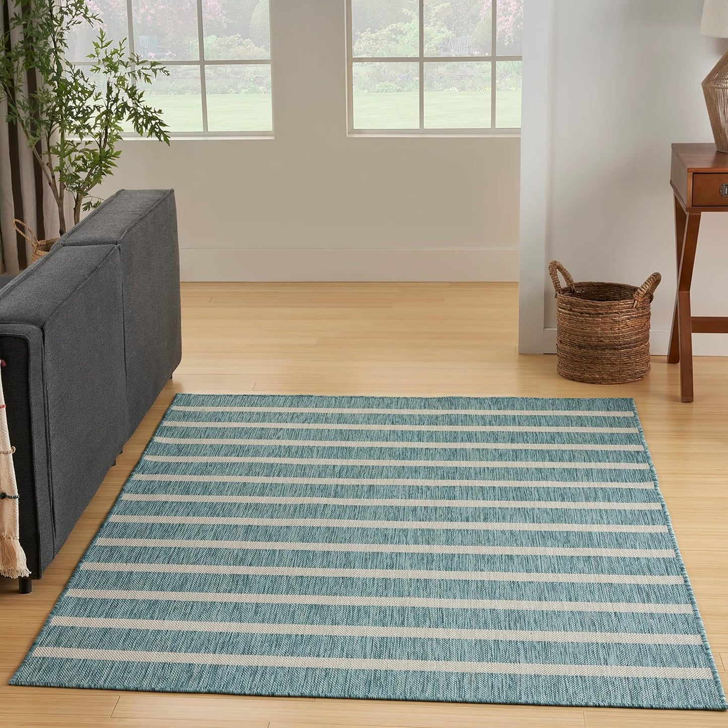 Nourison Home Positano Indoor/Outdoor Aqua Ivory 7' x 10' Area -Rug, Easy -Cleaning, Non Shedding, Bed Room, Living Room, Dining Room, Deck, Backyard, Patio (7x10)