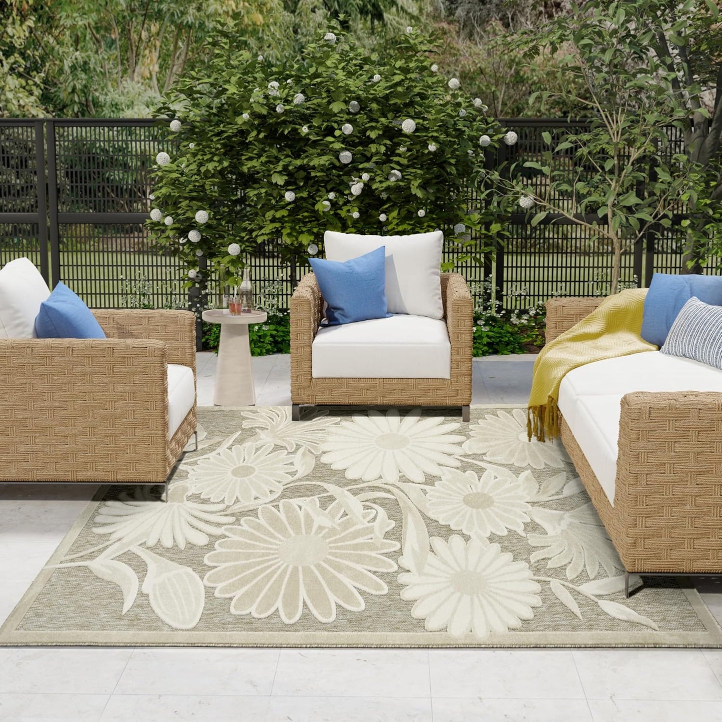 Nourison Aloha Ivory Sage 9' x 12' Area Rug - Easy Clean, Non Shedding, Bed Room, Living Room, Dining Room, Kitchen (9' x 12')