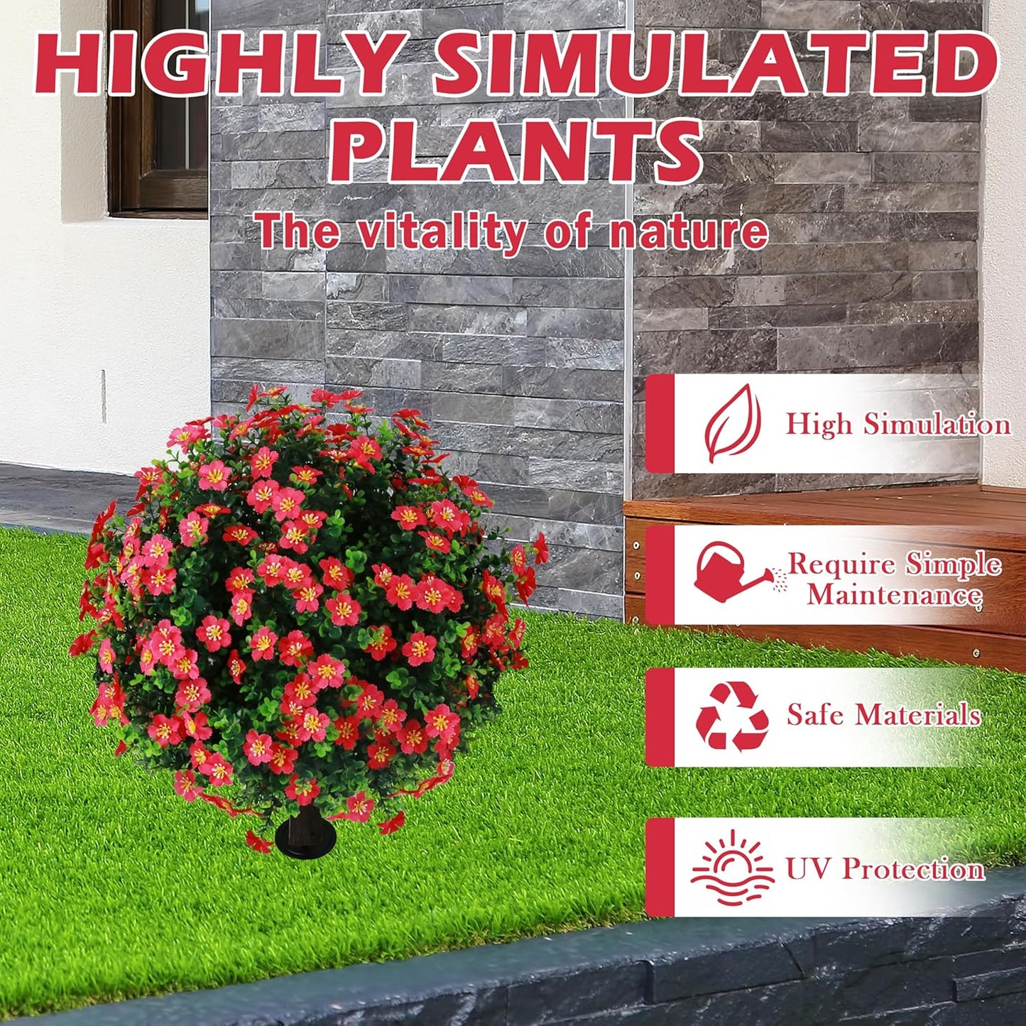 Sunnyglade Set of 2 Artificial Boxwood Topiary Ball Trees with Red Flower, Faux Shrub Bushes with Ground Spike 25.5", UV Resistant Fake Boxwood Plants for Indoor, Garden, Porch, Patio Decor (Red)