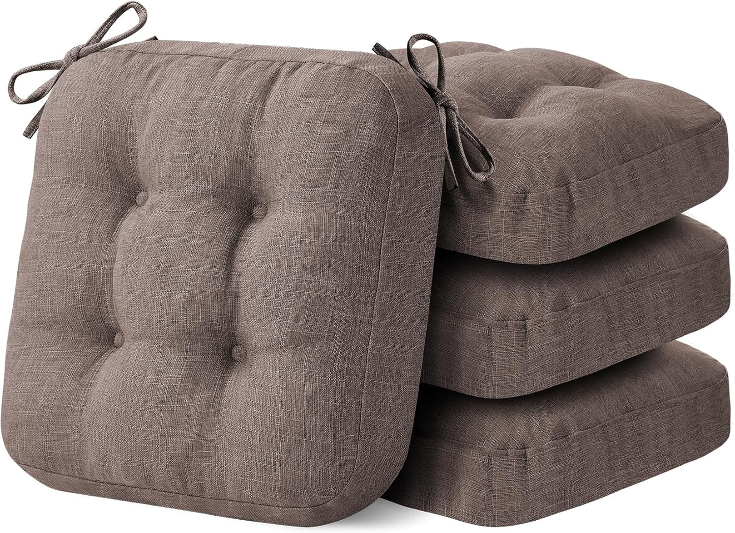 Chair Cushions for Dining Chairs, Dining Chair Cushions, Tufted Indoor Chair Pads with Ties & Non Slip Backing, Seat Cushions for Kitchen Chairs 16.5” x 16.5” x 3.5”, Set of 4, Light Brown