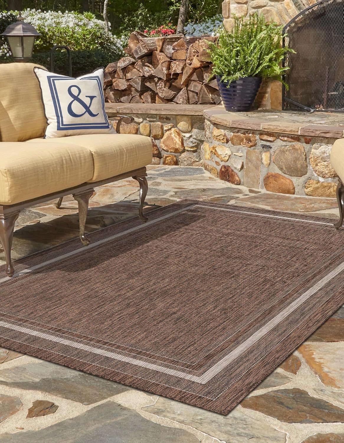 Unique Loom Outdoor Border Collection Area Rug - Soft Border (10' x 14' 1" Rectangle Brown/Ivory)