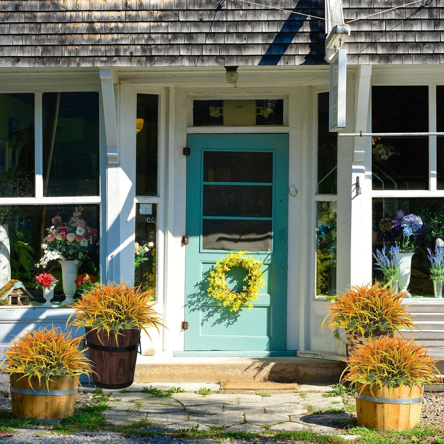 Ouddy Decor 16 Bundles Artificial Fall Plants Outdoor Fake Grass Stems UV Resistant Faux Plastic Plants Shrubs for Autumn Home Garden Pathway Farmhouse Front Porch Harvest Thanksgiving Decor, Orange