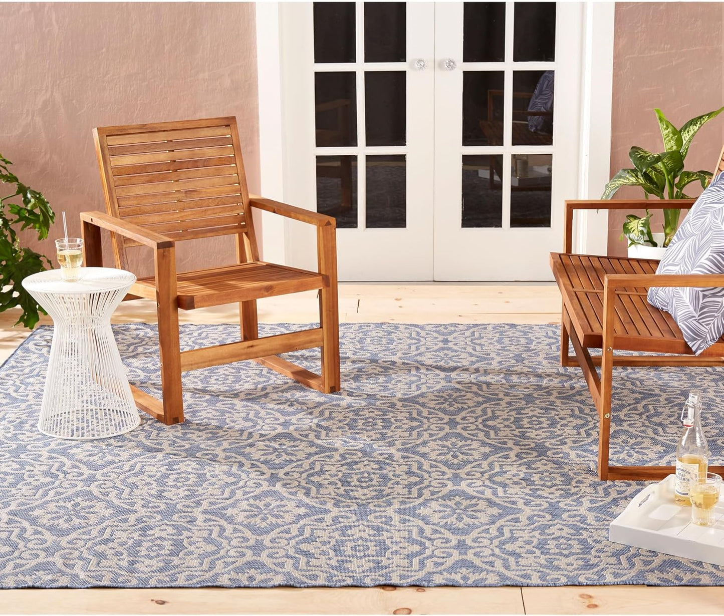 Nicole Miller New York Patio Country Julia Transitional Geometric Indoor/Outdoor Area Rug, Blue/Grey, 9'2"x12'5"