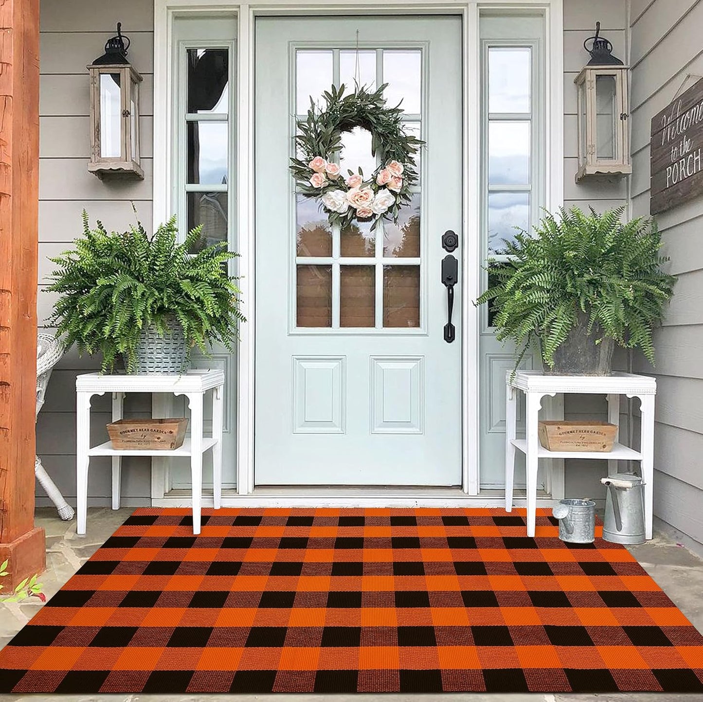 IOHOUZE Fall Buffalo Plaid Check Rug Outdoor Doormat 4x6 Ft Washable Woven Outdoor Indoor Welcome Mats for Front Door/Farmhouse/Entryway/Home Entrance Black and Orange Outdoor Rug