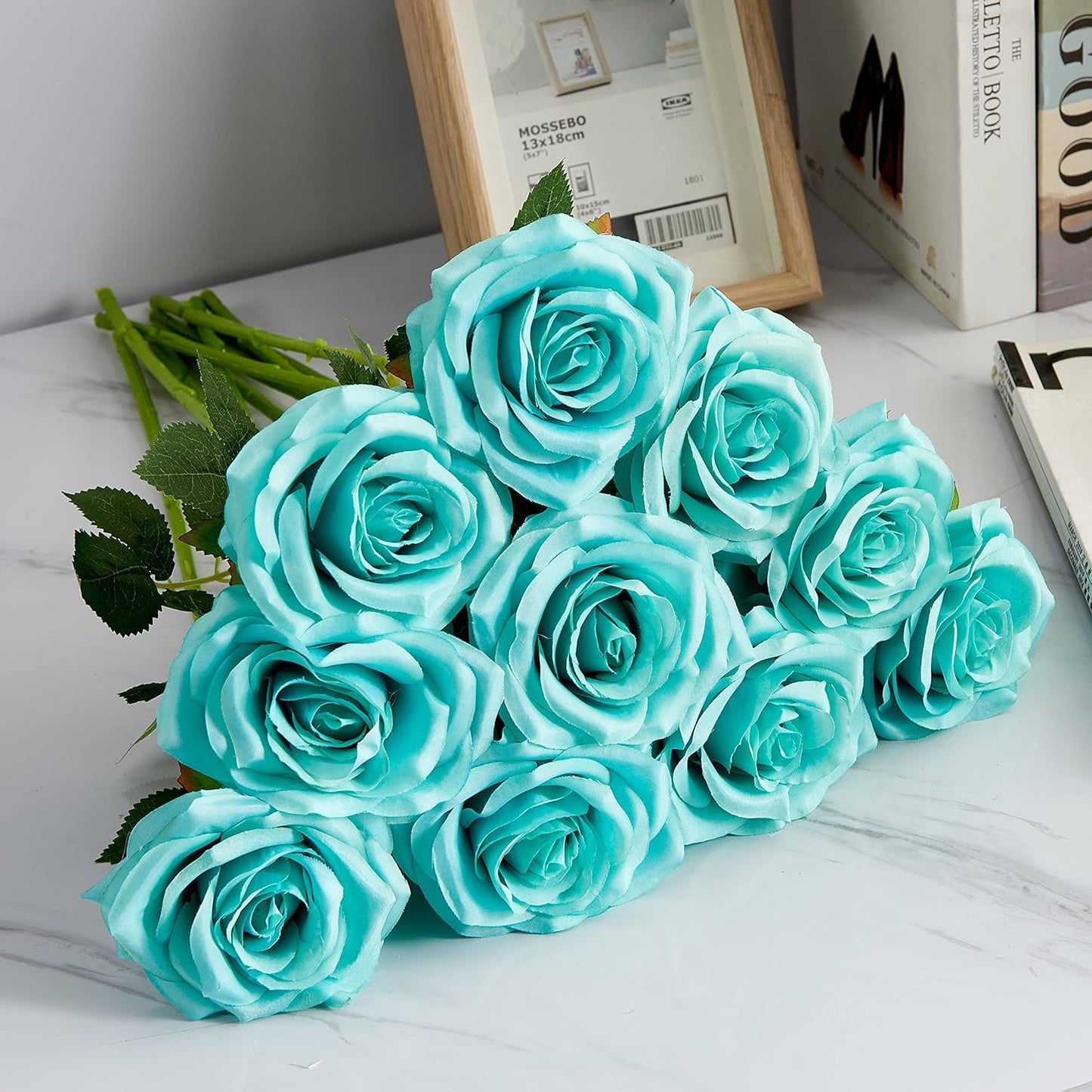 Artificial Rose 10pcs Open Flower Bouquet Faux Rose Stems for Wedding Arrangement, Bridal Bouquet, Centerpiece, Fake Faux Silk Flowers (Tiffany)