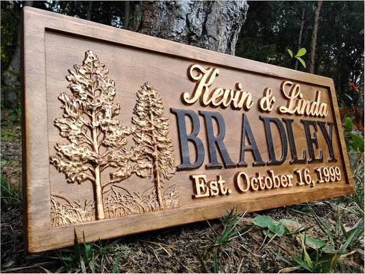 Rustic Wedding Signs Wood Wall Art Personalized Couples Gift Ideas Family Last Name Custom Name Sign Lakehouse Hunting Lodge Home Decor Tree Carved Wooden Cabin 5 Year Anniversary