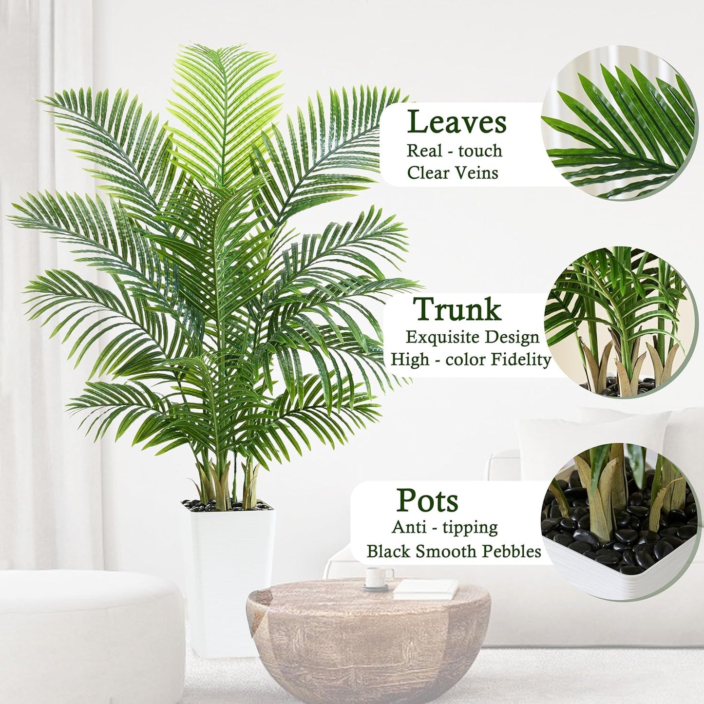 Artificial Palm Tree：5FT Tropical Fake Silk Plant UV Resistant Faux Areca Palm with White Planter & Black Pebbles for Home Office Living Room Decor Indoor Patio Porch Balcony (5FT,1-Pack,White)