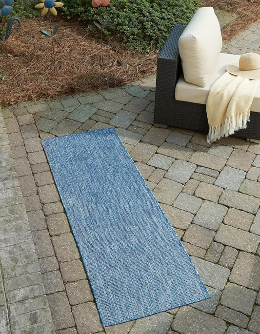 Unique Loom Collection Casual Transitional Solid Heathered Indoor/Outdoor Flatweave Area Rug (2' x 8' Runner, Blue/Navy Blue)