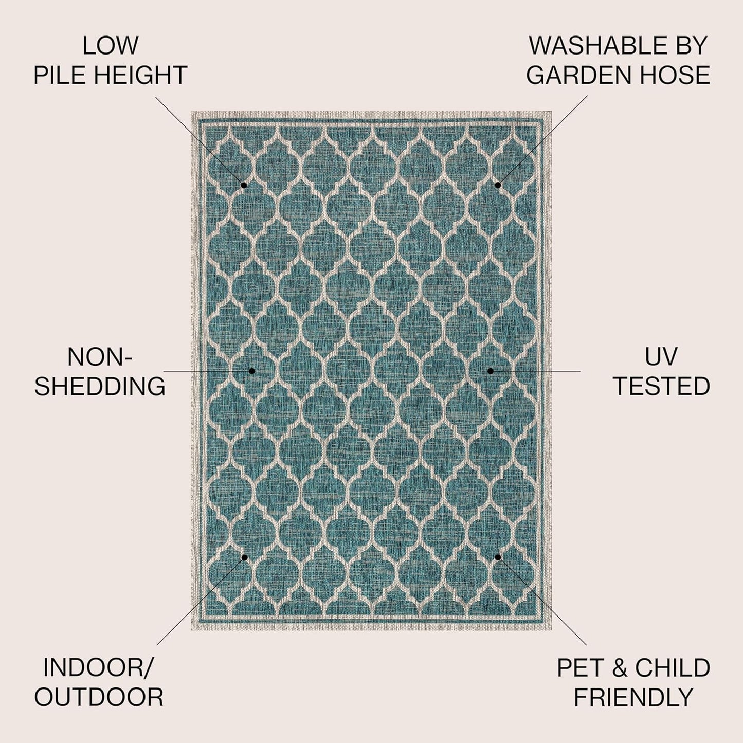 Eyely BMS109E-4SQ Santa Monica Trebol Moroccan Trellis Textured Weave, Pet Friendly, Non-Shedding, Stain Resistant, Easy-Cleaning, Teal/Gray, 4' Square, Indoor/Outdoor, Area Rug