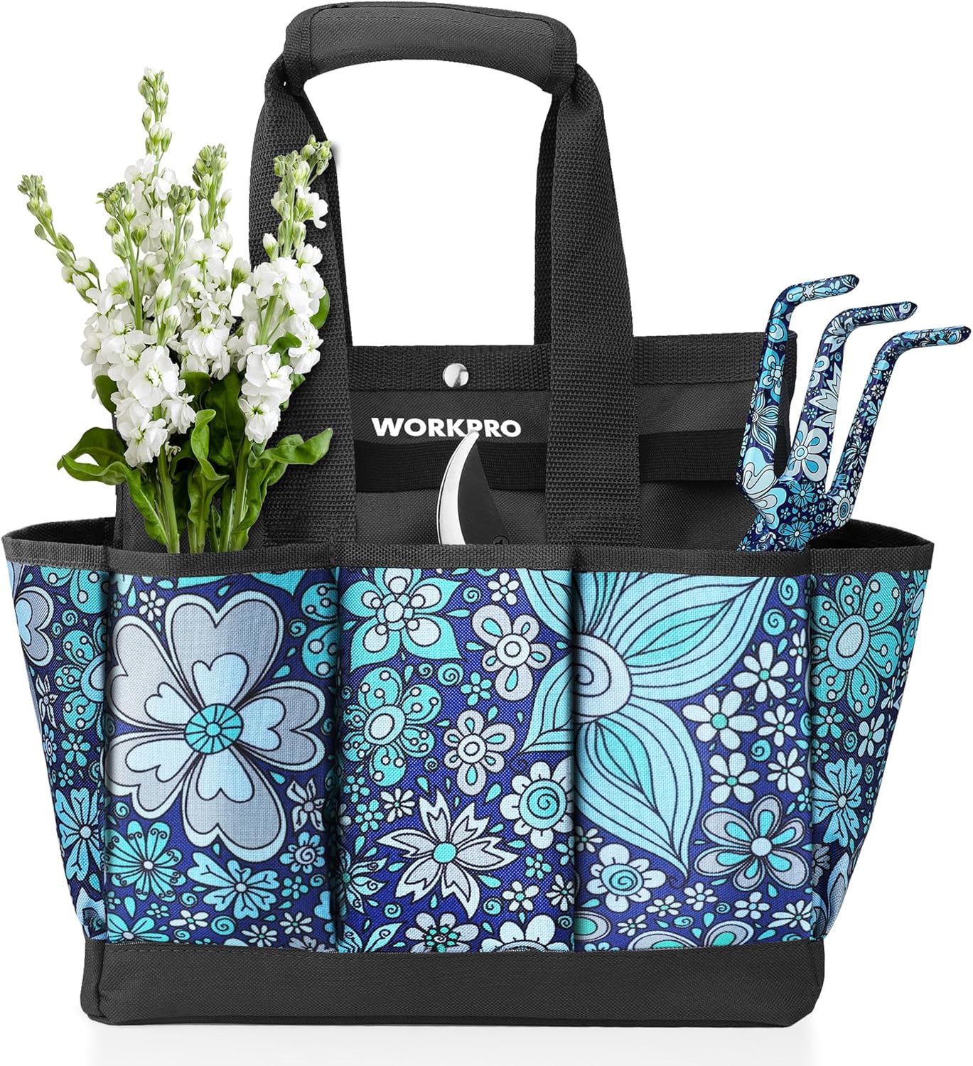 WORKPRO Garden Tool Bag, 9 Pockets Gardening Bag, Heavy Duty Oxford Garden Tote Caddy (Tools NOT Included), 12" x 12" x 6" (Floral Blue)