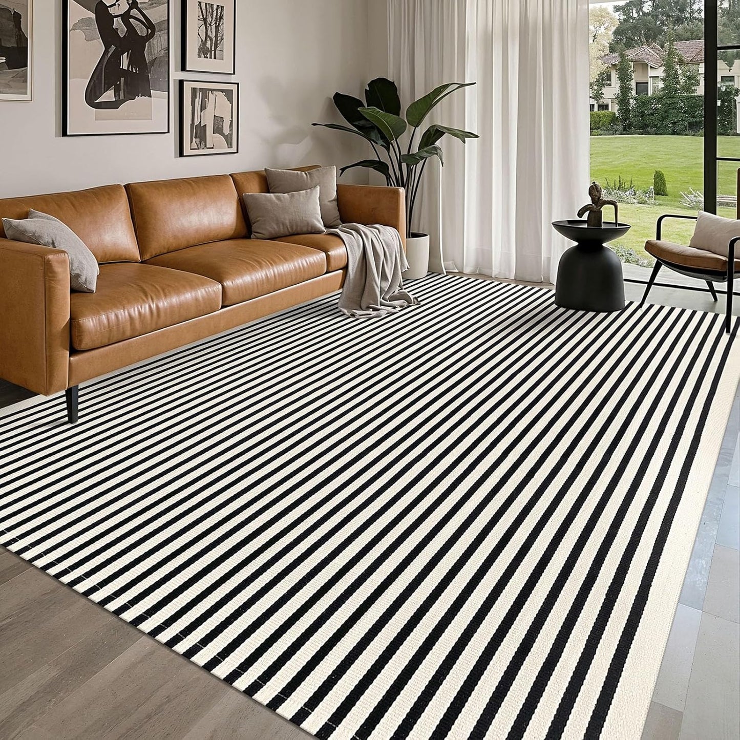 IOHOUZE Black Beige Striped Rug -8'x10' Indoor Outdoor Rug, Washable Area Rug for Living Room, Large Patio Rug, Cotton Striped Rugs for Patio Living Room Bedroom