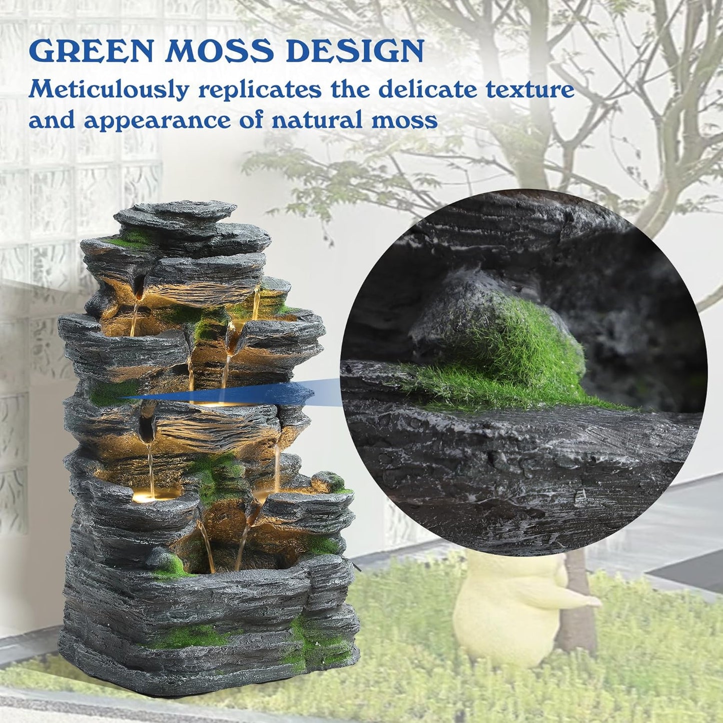 Cascading Rock Water Fountain Outdoor - Waterfalls Fountains with LED Lights, Outdoor/Indoor Resin Fountain for Patio, Garden, Backyard, Deck, Porch, Home Art Docor (24" H)