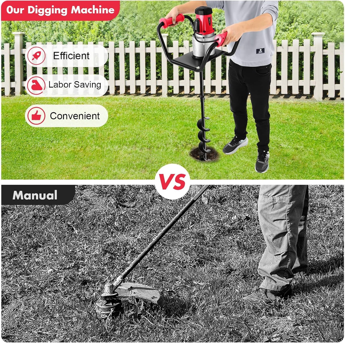 Post Hole Digger, 1500W Electric Post Hole Auger Earth Auger Digging Drill Digging Machine with 4" Digging Auger Bit and Extension Bar Set for Planting, Trenching in Garden