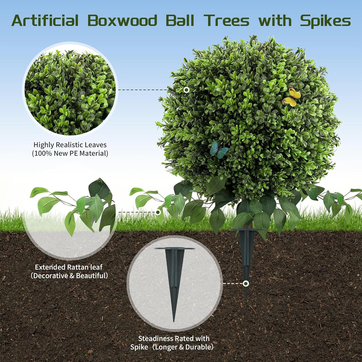 28" Artificial Boxwood Ball Bush, UV Resistant Topiary Tree Faux Boxwood Ball Shaped Porch Bushes with Ground Spike Artificial Bushes for Outdoors Front Door Decor Home Garden (6, Green)