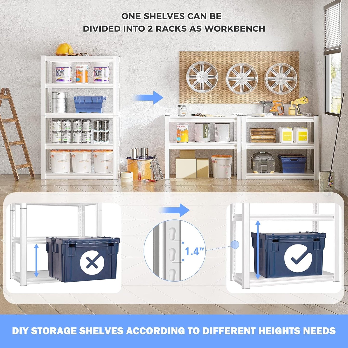 Raybee Garage Shelving Heavy Duty 2000LBS Storage Shelves Heavy Duty Shelving 5 Tier White Metal Shelves Pantry Shelf for Kitchen Closet Basement Warehouse 2 Pack