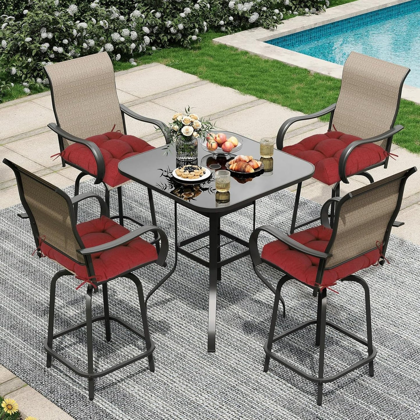 Aoodor 19" x 19" x 5" Tufted Outdoor Chair Cushions, Water Resistant & Fade Resistant Polyester Dining Chair Pads with 2 Straps for Patio Furniture, Set of 4