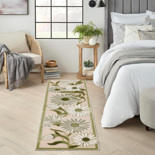 Nourison Home Aloha Indoor-Outdoor Ivory Green 2'3" x 8' Area Rug, Easy-Cleaning, Non Shedding, Bed Room, Living Room, Dining Room, Backyard, Patio, Deck (2x8)