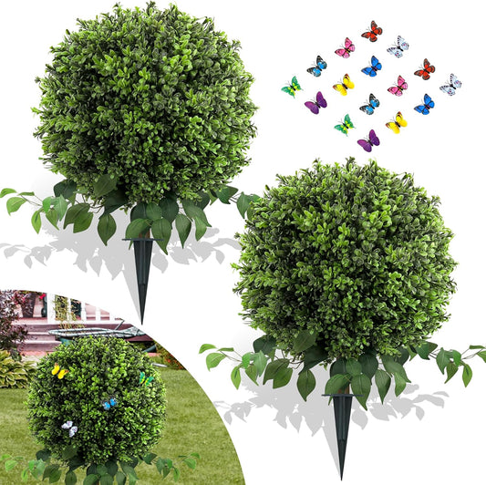 28" Artificial Boxwood Ball Bush, UV Resistant Topiary Tree Faux Boxwood Ball Shaped Porch Bushes with Ground Spike Artificial Bushes for Outdoors Front Door Decor Home Garden