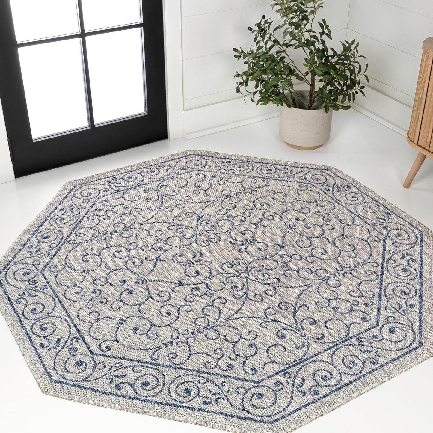JONATHAN Y SMB106C-8TGN Charleston Vintage Filigree Textured Weave Gray/Navy 8' Octagon Indoor/Outdoor Area Rug, Non-Shedding, Stain Resistant,Fade Resistant, Easy-Cleaning for Backyard Patio, Porch