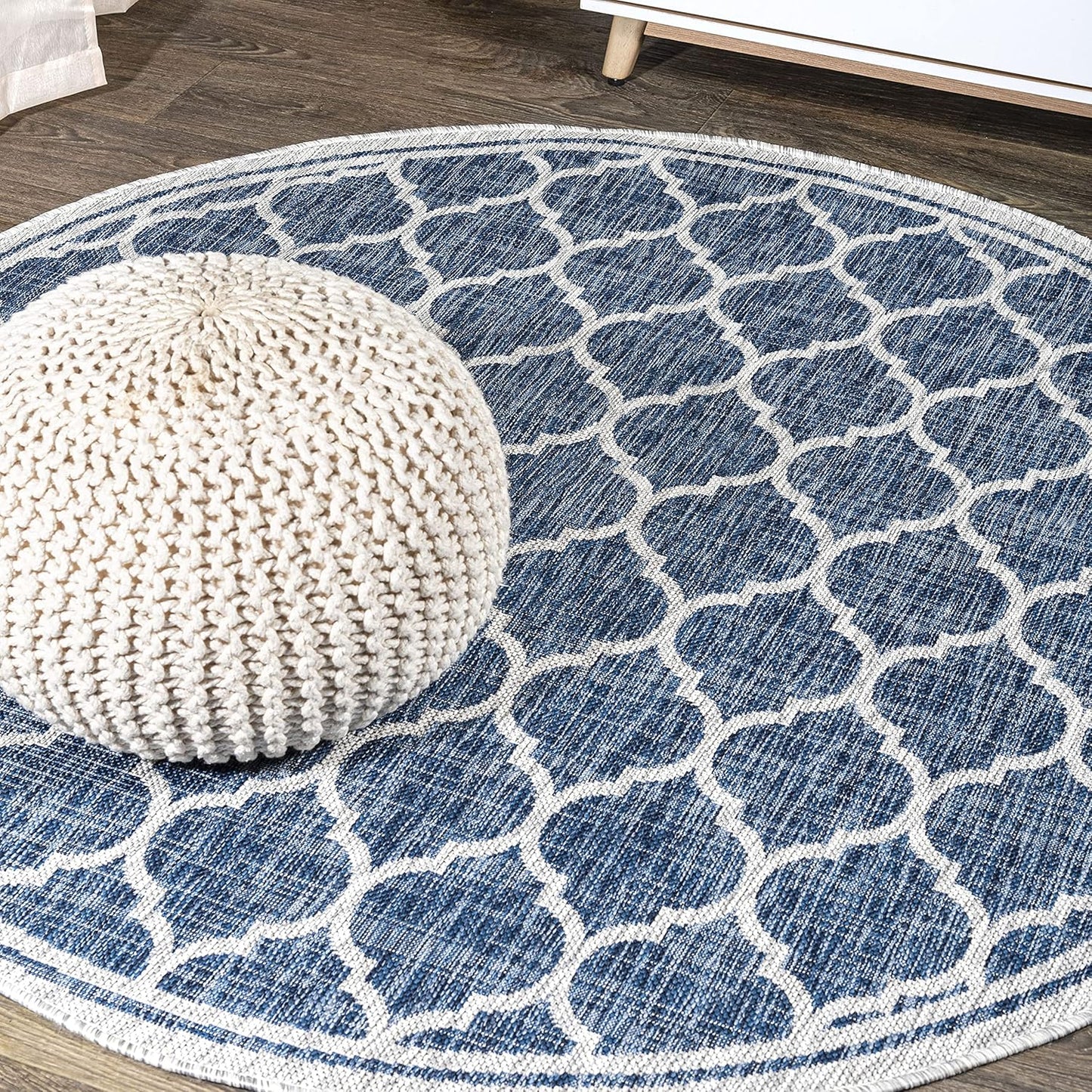 Eyely BMS109D-3R Santa Monica Trebol Moroccan Trellis Textured Weave, Pet Friendly, Non-Shedding, Stain Resistant, Easy-Cleaning, Navy/Gray, 3' Round, Indoor/Outdoor, Area Rug