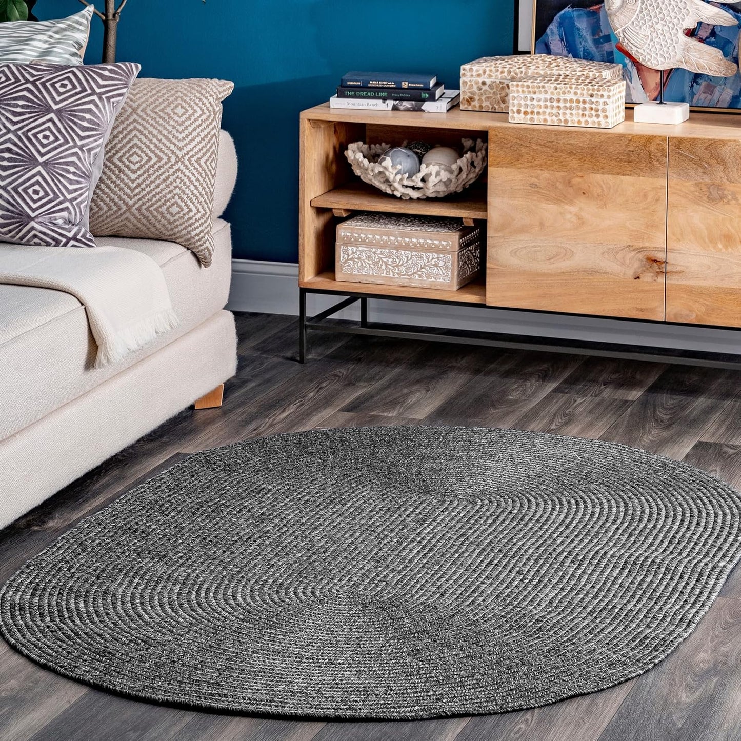 nuLOOM Oval 3' x 5' Solid Hand Braided Indoor/Outdoor Area Rug, Pet-Friendly, High Traffic, Weather Resistant, for Patio, Balcony, Bedroom, Living, Dining Room, Wynn Charcoal
