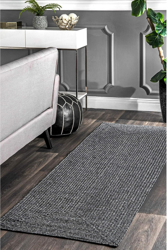 nuLOOM 2' x 6' Solid Hand Braided Indoor/Outdoor Area Rug, Pet-Friendly, High Traffic, Weather Resistant, for Patio, Balcony, Bedroom, Living, Dining Room, Wynn Charcoal