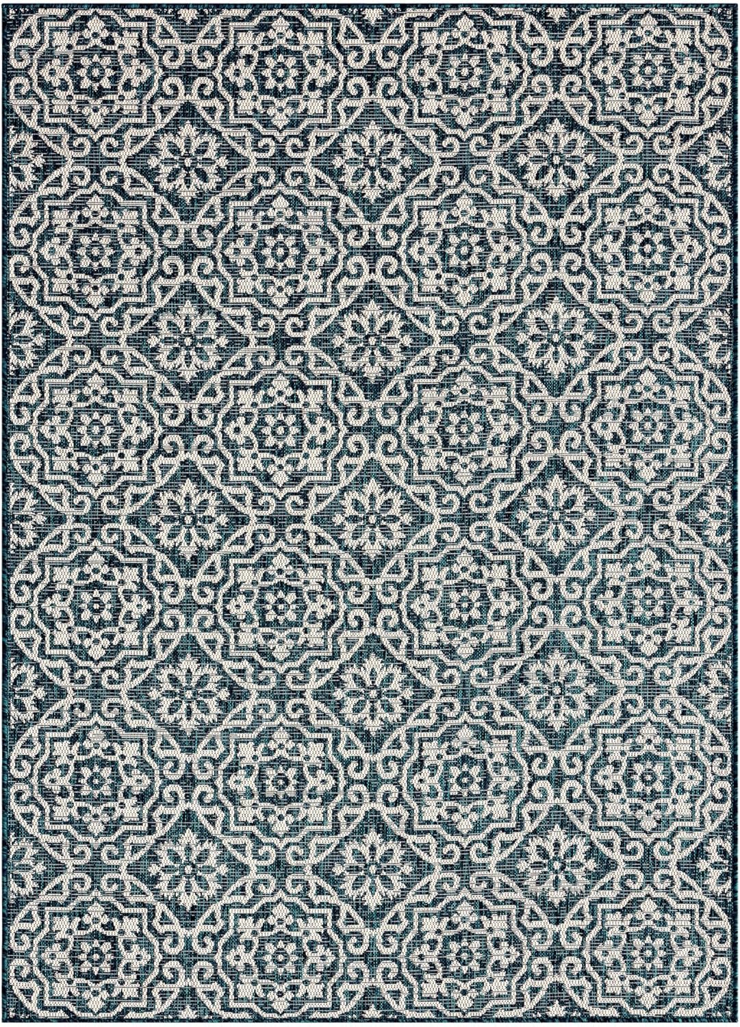 Nicole Miller New York Patio Country Julia Transitional Geometric Indoor/Outdoor Area Rug, Navy Blue/Ivory, 6'6"x9'2"