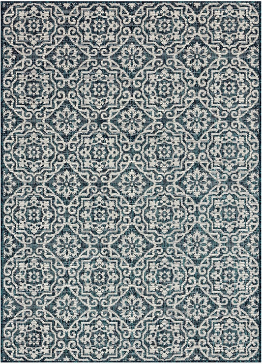 Nicole Miller New York Patio Country Julia Transitional Geometric Indoor/Outdoor Area Rug, Navy Blue/Ivory, 6'6"x9'2"