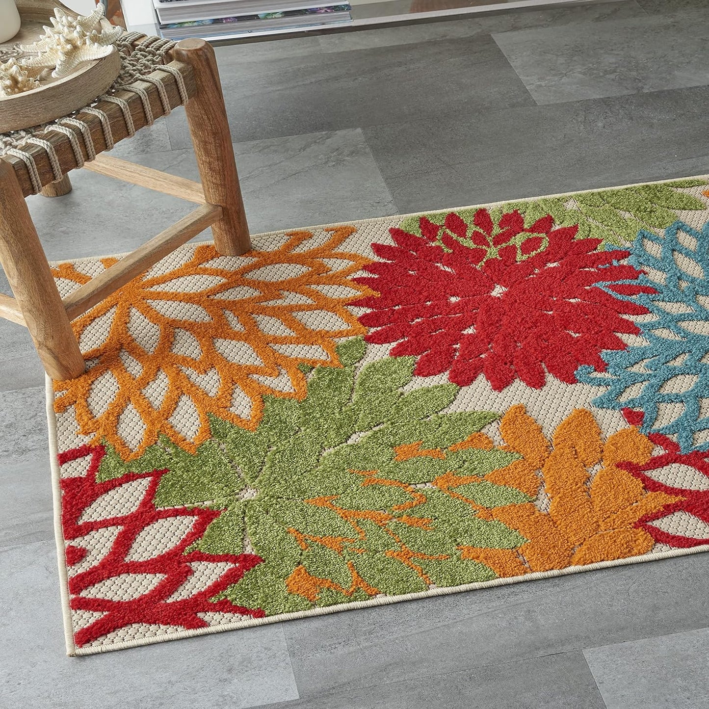 Nourison Aloha Indoor/Outdoor Green 2'8" x 4' Area Rug, Tropical, Botanical, Easy Clean, Non Shedding, Bed Room, Living Room, Dining Room, Deck, Backyard, Patio (3x4)