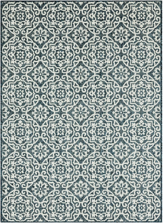 Nicole Miller New York Patio Country Julia Transitional Geometric Indoor/Outdoor Area Rug, Blue/White, 6'6"x9'2"