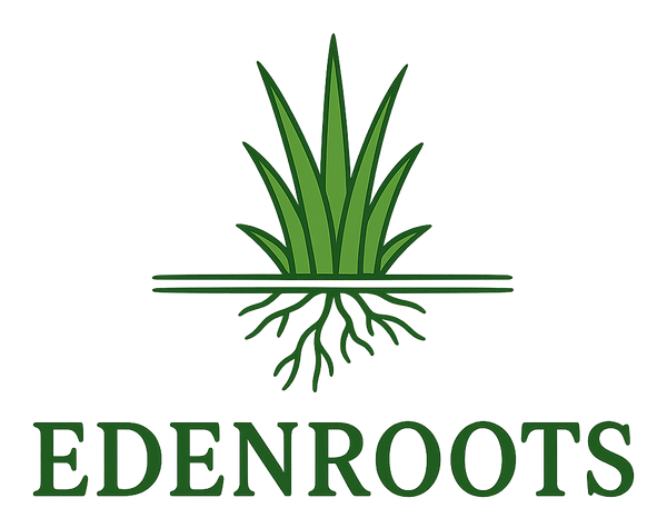 EdenRoots logo featuring a green grass and root emblem for a modern garden shop